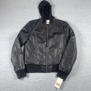 Levis Jacket Womens Large Black Faux Leather Quilted Hooded Bomber‎ Moto